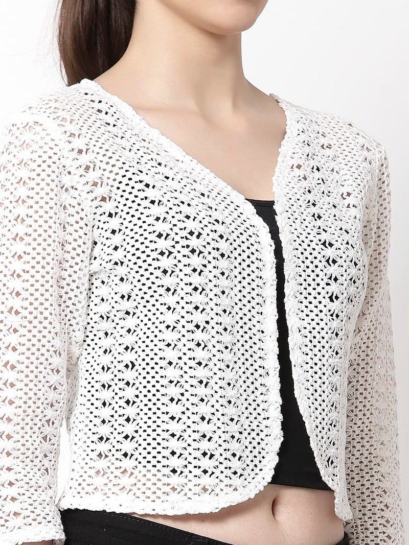 Style Quotient Women White Cotton self Design lace Crop Open Front Shrug - Image 2