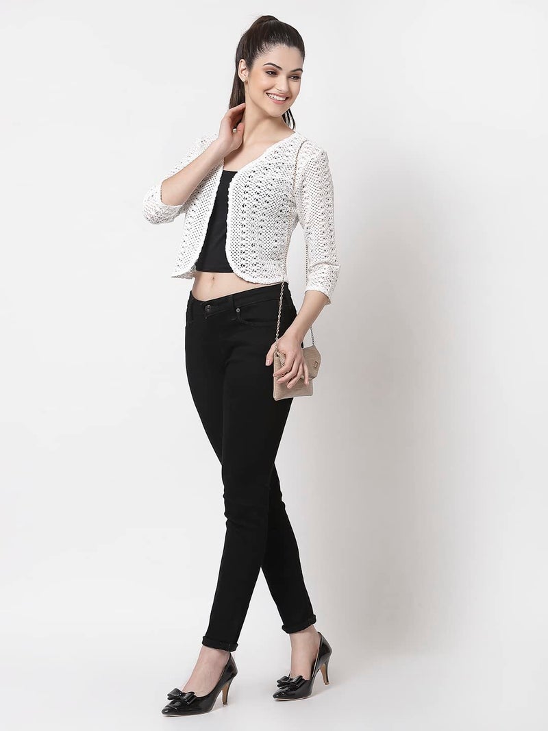Style Quotient Women White Cotton self Design lace Crop Open Front Shrug - Image 5
