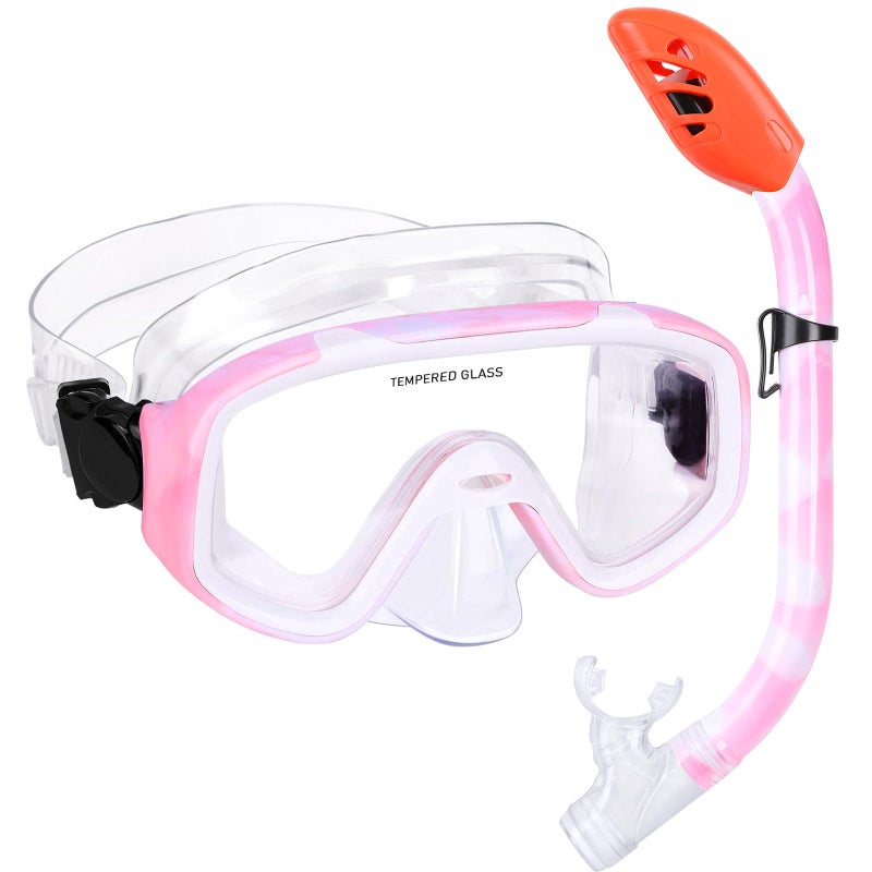 Kids Snorkel Set Children AntiFog Diving Mask Swimming Goggles Full Dry Top Snorkel Equipment Snorkeling Packages Swimming Gear for Youth Boys Girls Age 510 Pink White