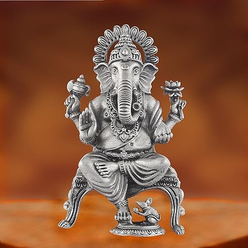 PRD CARATCAFE Silver Ganesh Murti On Patla for Diwali Home | Office | Car Pure 925 Solid Chandi Metal Idol of Ganesha Ji. Antique Look Gift for All Occasions & Festivals - Image 3