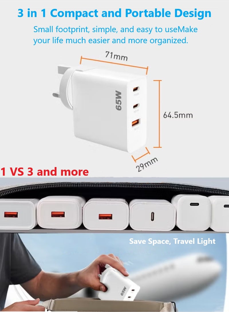 Changli 3 Ports USB C GaN Charger Plug Type C PD 65W QC 3.0 Fast Wall Mains Power Delivery Adapter For Laptops MacBook Pro Air Steam Deck iPad iPhone 16 15 Series Samsung S24 23 Ultra Honor Xiaomi Lenovo Black  - Image 3