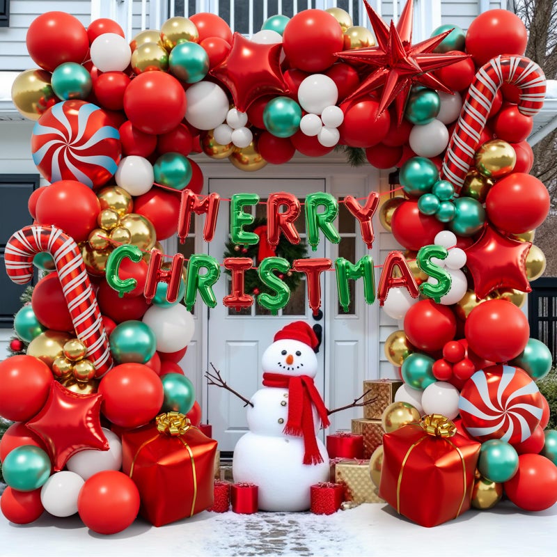 AobkDeco 143 Pcs Christmas Balloon Garland Arch KitMerry Christmas Banner and Red White Gold Metallic Green Cane Balloons Candy Foil Balloons Gift Box Balloons for Xmas Party Decorations - Image 3