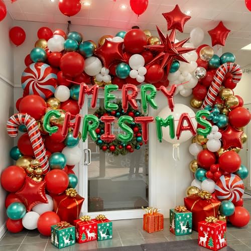 AobkDeco 143 Pcs Christmas Balloon Garland Arch KitMerry Christmas Banner and Red White Gold Metallic Green Cane Balloons Candy Foil Balloons Gift Box Balloons for Xmas Party Decorations - Image 5