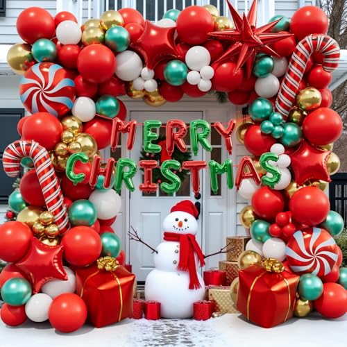 AobkDeco 143 Pcs Christmas Balloon Garland Arch KitMerry Christmas Banner and Red White Gold Metallic Green Cane Balloons Candy Foil Balloons Gift Box Balloons for Xmas Party Decorations - Image 1