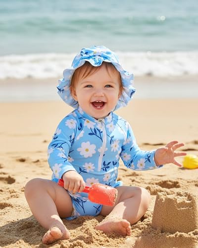 Yhnslsf Toddler Girl Swimsuit 2T 3T Bathing Suit Girl Summer Long Sleeve Blue Daisy One-Piece Zipper Rash Guard Ruffle Swimwear Clothes 2T 3T Swimsuit Girls with Sun Hat Toddler Beach Essentials - Image 2