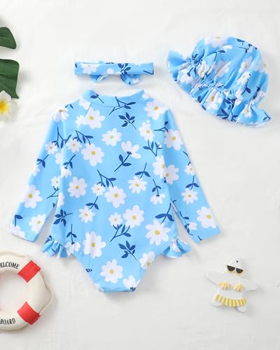 Yhnslsf Toddler Girl Swimsuit 2T 3T Bathing Suit Girl Summer Long Sleeve Blue Daisy One-Piece Zipper Rash Guard Ruffle Swimwear Clothes 2T 3T Swimsuit Girls with Sun Hat Toddler Beach Essentials - Image 3