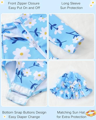 Yhnslsf Toddler Girl Swimsuit 2T 3T Bathing Suit Girl Summer Long Sleeve Blue Daisy One-Piece Zipper Rash Guard Ruffle Swimwear Clothes 2T 3T Swimsuit Girls with Sun Hat Toddler Beach Essentials - Image 4
