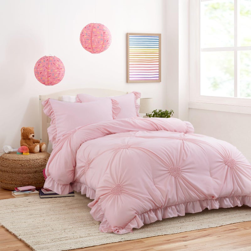 HOMBYS 5 Piece Pink Bedding Comforter Set for Girls with Matching Sheets and Shams Twin Size Blush Pinch Pleat Comforter Set with Ruffles for All Season