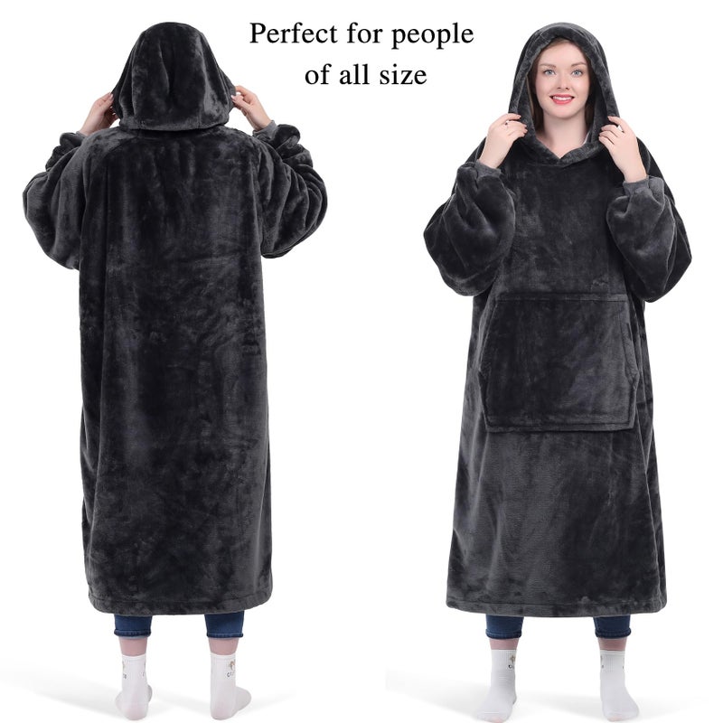 كيه بي بليس Kplis هوديي بطانية يمكن ارتداؤها للنساء والرجال بطانيات كبيرة الحجم مقنعين من النوع الثني دافئ ودافئ بطانية الصوف الدافئ مع الأكمام والجيب العملاق للبالغين والأطفال الرمادي الداكن - Image 2