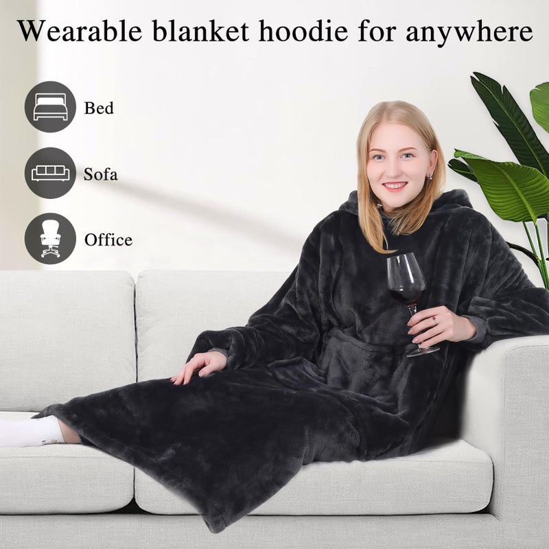 كيه بي بليس Kplis هوديي بطانية يمكن ارتداؤها للنساء والرجال بطانيات كبيرة الحجم مقنعين من النوع الثني دافئ ودافئ بطانية الصوف الدافئ مع الأكمام والجيب العملاق للبالغين والأطفال الرمادي الداكن - Image 3