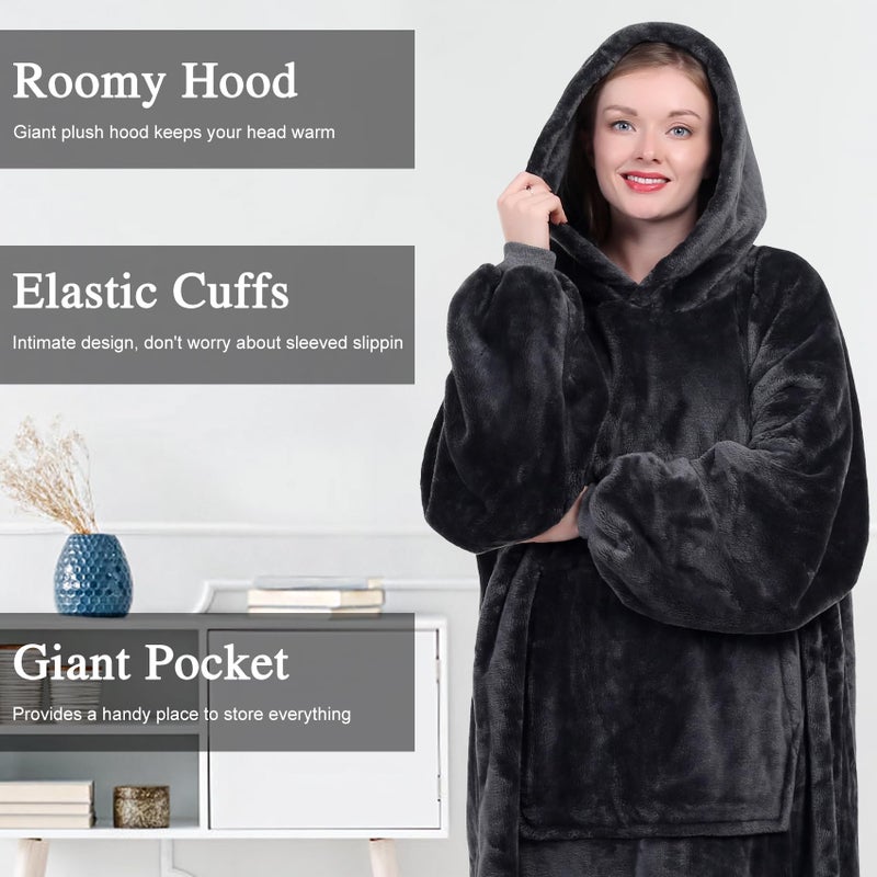 كيه بي بليس Kplis هوديي بطانية يمكن ارتداؤها للنساء والرجال بطانيات كبيرة الحجم مقنعين من النوع الثني دافئ ودافئ بطانية الصوف الدافئ مع الأكمام والجيب العملاق للبالغين والأطفال الرمادي الداكن - Image 5