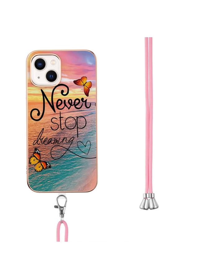 S-TOP Case For iPhone 15 Plus Electroplating Pattern IMD TPU Shockproof Case with Neck Lanyard - Image 3