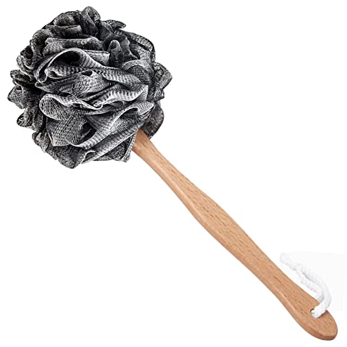 Arswin Shower Sponge Loofah Back Scrubber, Soft Mesh Body Scrubber with Wooden Handle, Bath Sponge for Women Kids (Black) - Image 1