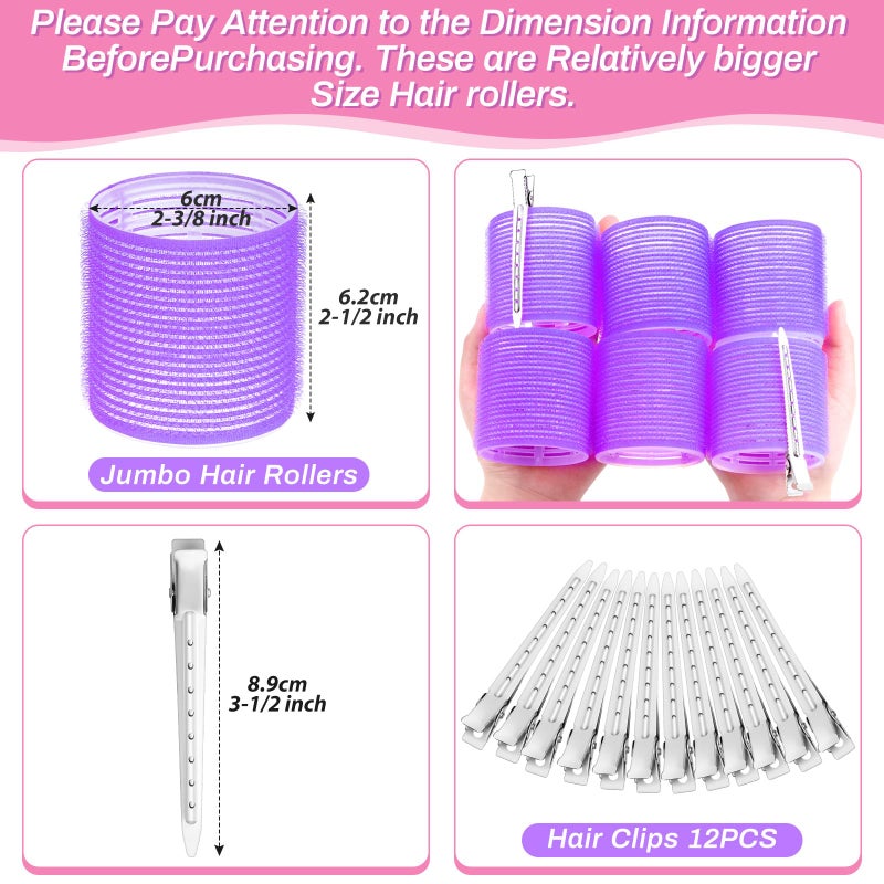 selizo Jumbo Hair Curlers Set - 24 Pieces with 12 Large Rollers and 12 Clips for Adding Volume to Long, Thick Hair (Purple) - Image 3