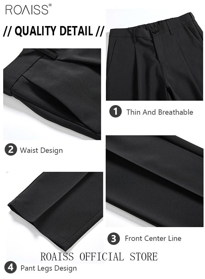 رويس سراويل بدلة رجالية بنطلونات مستقيمة الساق بحاشية صغيرة سراويل بدلة قصيرة متوسطة الارتفاع فضفاضة مع خصر مرن وشعور جيد بالتعليق باللون الأسود - Image 5