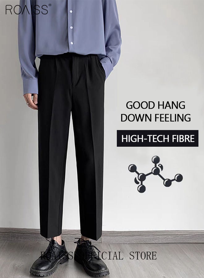 رويس سراويل بدلة رجالية بنطلونات مستقيمة الساق بحاشية صغيرة سراويل بدلة قصيرة متوسطة الارتفاع فضفاضة مع خصر مرن وشعور جيد بالتعليق باللون الأسود - Image 2