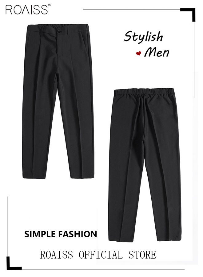 رويس سراويل بدلة رجالية بنطلونات مستقيمة الساق بحاشية صغيرة سراويل بدلة قصيرة متوسطة الارتفاع فضفاضة مع خصر مرن وشعور جيد بالتعليق باللون الأسود - Image 4