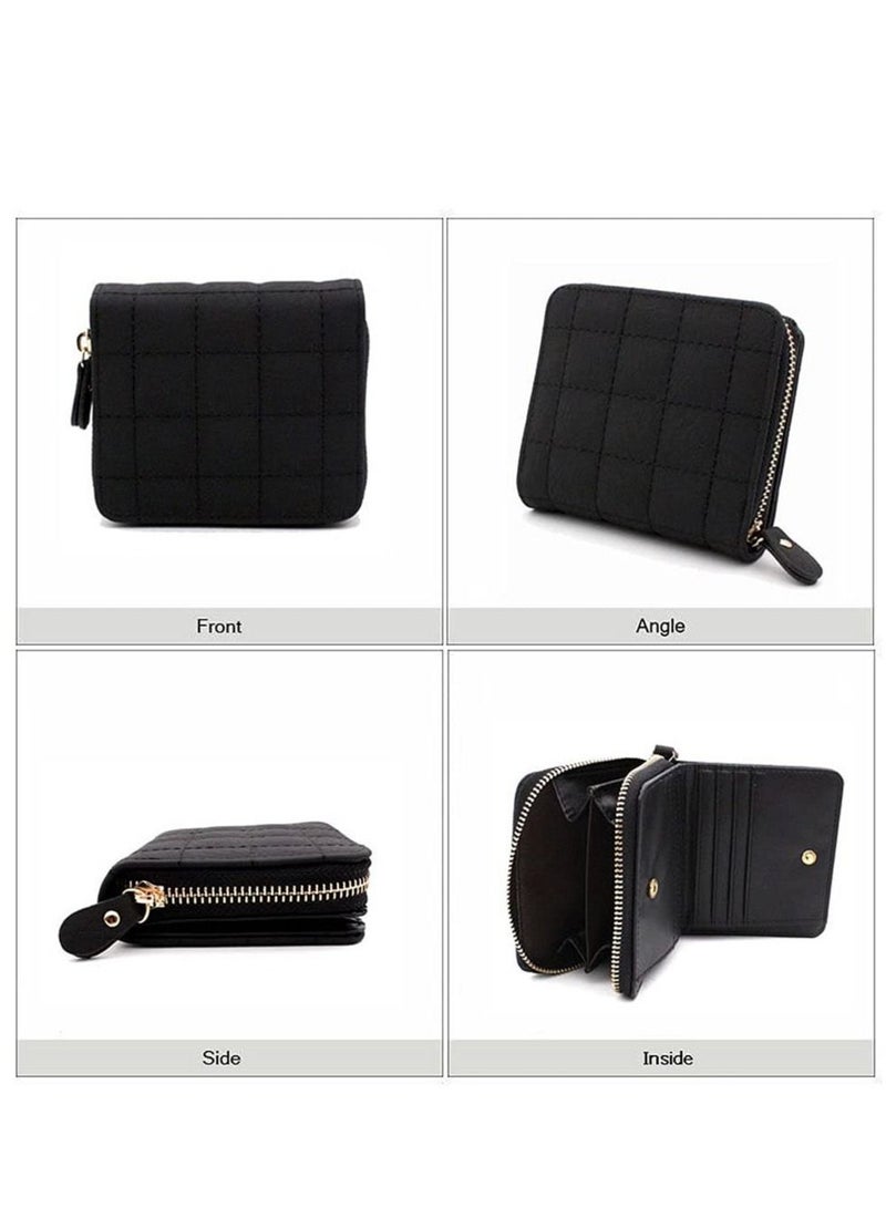 Y&D Women's Wallet, Premium PU Leather Purse Small RFID Blocking Ladies Wallet with Stainless Steel Zipper, Short Grid Style Card Holder Case Coin Pocket for Women Girlfriend, Black - Image 2