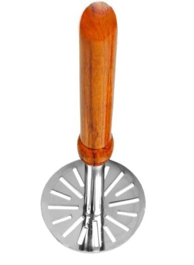 Garden Of Arts Stainless Steel Round Pav Bhaji Masher, Potato Masher with Wooden Handle, 1-Piece, Silver - Image 1