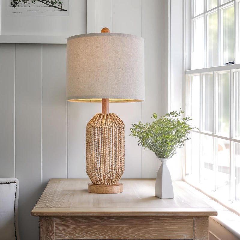 OYEARS 21" Boho Table Lamp for Living Room, Bedside Lamp for Nightstands, Rattan Lamp for Bedroom, Farmhouse Table Lamp for Room Decor, End Table, Retro, Brown, 1 Pack - Image 2
