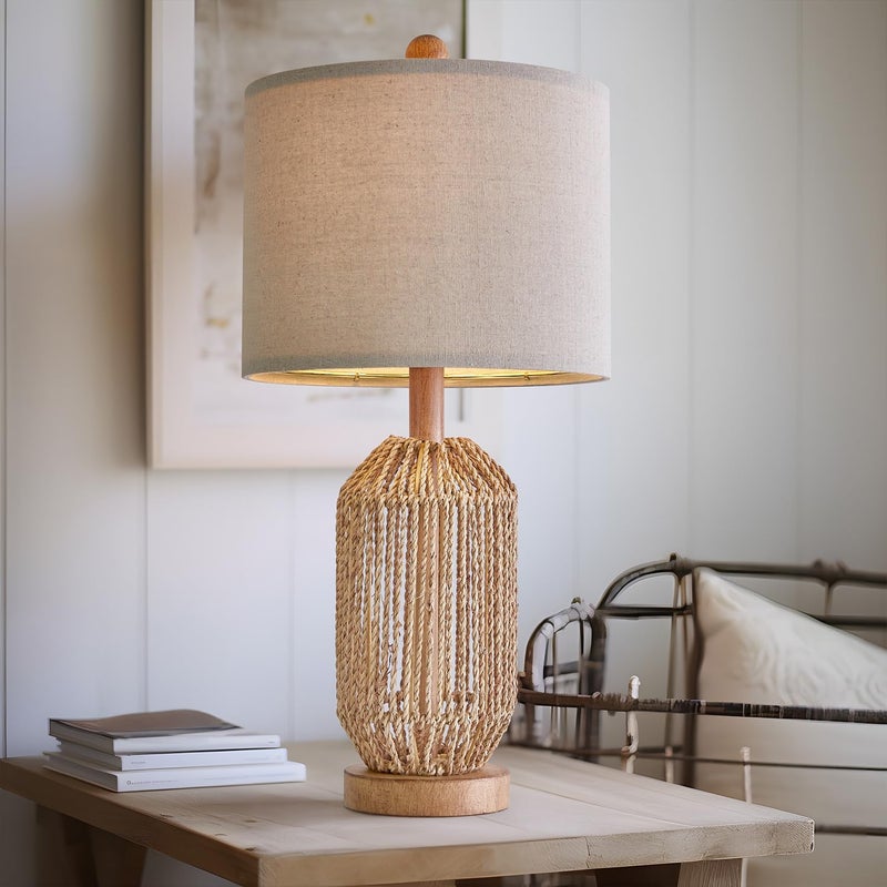 OYEARS 21" Boho Table Lamp for Living Room, Bedside Lamp for Nightstands, Rattan Lamp for Bedroom, Farmhouse Table Lamp for Room Decor, End Table, Retro, Brown, 1 Pack - Image 3