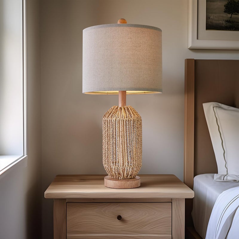 OYEARS 21" Boho Table Lamp for Living Room, Bedside Lamp for Nightstands, Rattan Lamp for Bedroom, Farmhouse Table Lamp for Room Decor, End Table, Retro, Brown, 1 Pack - Image 5