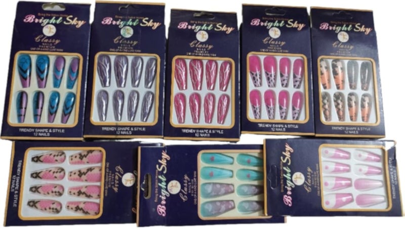 Bright Sky Glossy Press-On Nails, 12 Pieces, Trendy Shape and Style, Multiple Colour Options with super glue