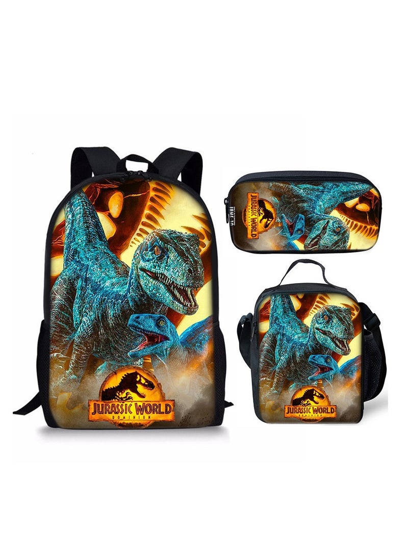 JURASSIC WORLD New Jurassic Park Dinosaur Three piece Set with Large Capacity Backpack, Student School Bag, Lunch Bag, Pen Bag  - Image 1