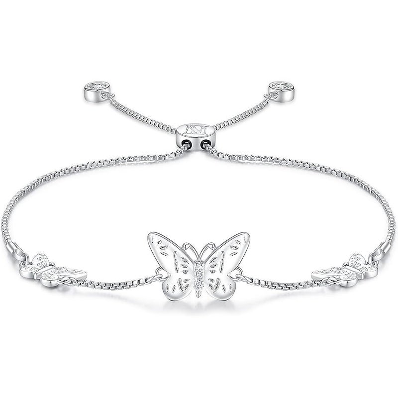 NINAMAID Silver Butterfly Charms Expandable Bolo Bracelet with Sparkling Cubic Zirconia Adjustable White Gold Plated Women Girl Jewelry Gift - Image 1