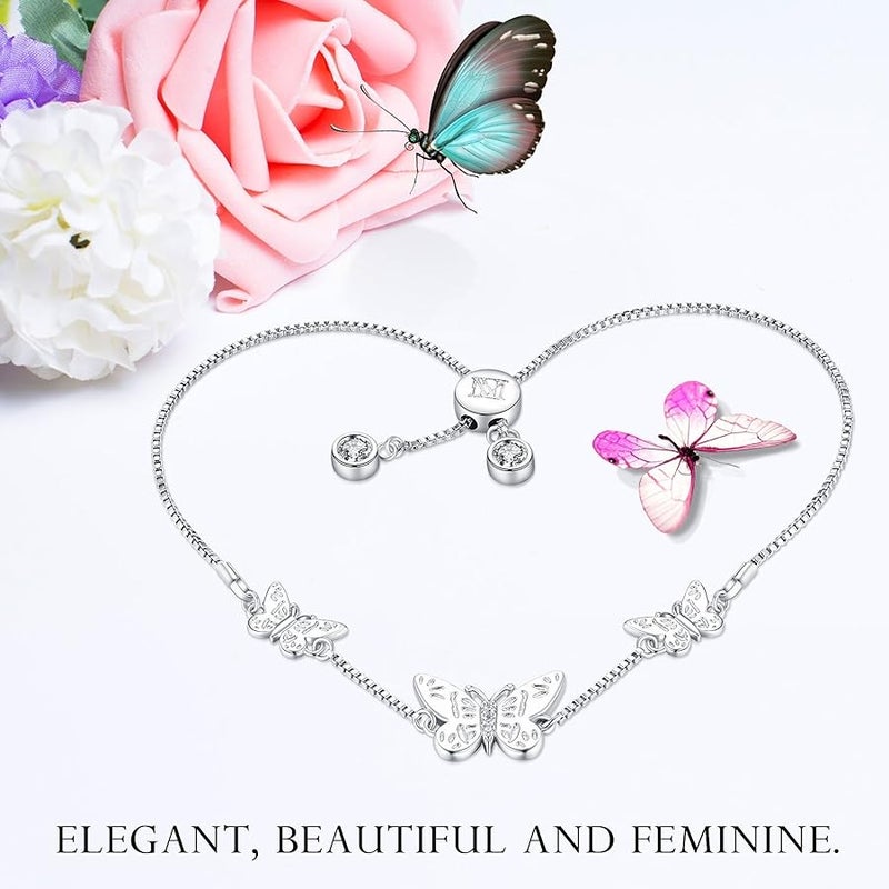NINAMAID Silver Butterfly Charms Expandable Bolo Bracelet with Sparkling Cubic Zirconia Adjustable White Gold Plated Women Girl Jewelry Gift - Image 3