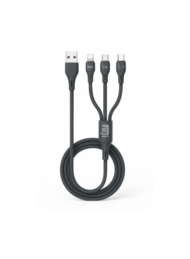 فوجي كابل شحن USB 3 في 1، شحن سريع 100 واط، تصميم مضفر مقاوم للانحناء، غلاف معدني، محرك فوجي توربو - Image 1