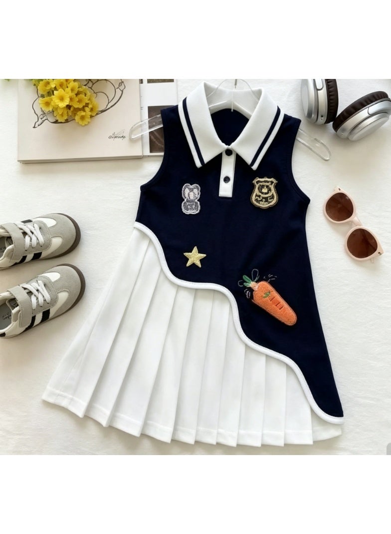 Ayada Home Girls Sleeveless Polo Dress, Bunny & Carrot Embroidery Pleated Skirt - Image 1