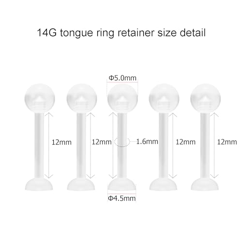 NewkeepsR 5pcs-14G(1.6mm) Thickness, 12mm(1/2'') Length, Bioplast Flexible Clear Tongue Ring Retainer, Unnoticeable Flat Labret Spacers - Image 2