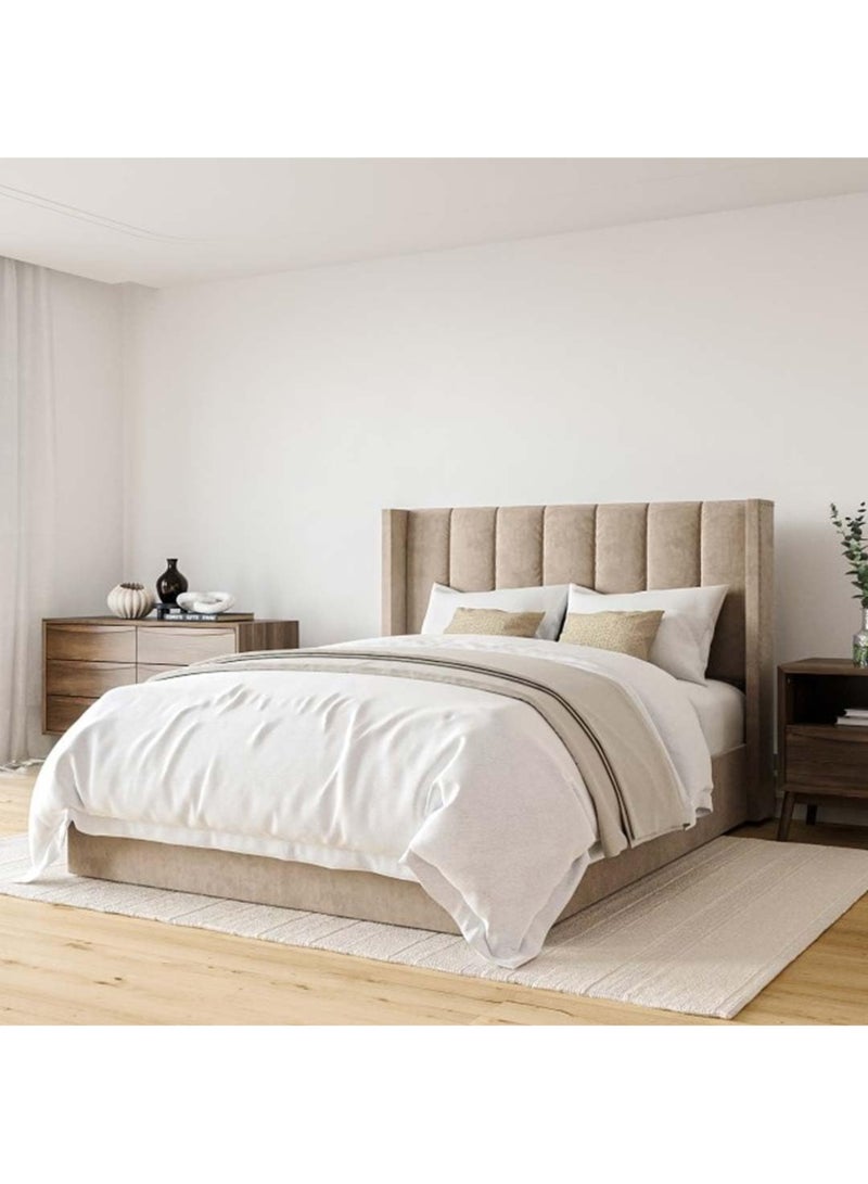 karnak Tanvi Velvet Fabric Wing Back Bed Frame In Beige Color king Size 180X200cm - Image 1