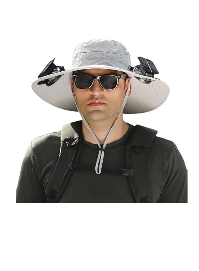 PADOM Padom Outdoor Wide Brim Sun Hat with 2 Solar Fan，Solar Fan Hat Sun Bucket Hat for Men Women， Outdoor Hiking Cap UPF 50+， Bucket Fishing & Beach Hat with Fan Built in - Image 1