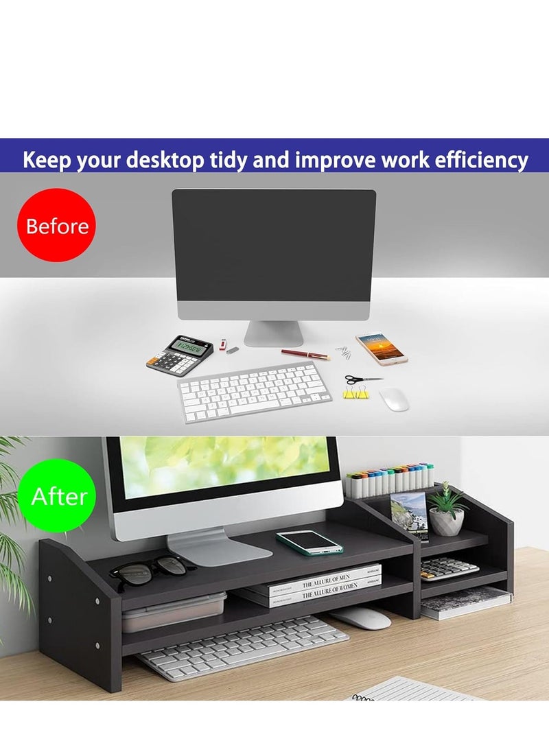 Monitor Stand, 2 Tier Wooden Monitor Stand with Storage Cabinet, Multi-Purpose Desktop Organiser for Computer, Laptop, Printer