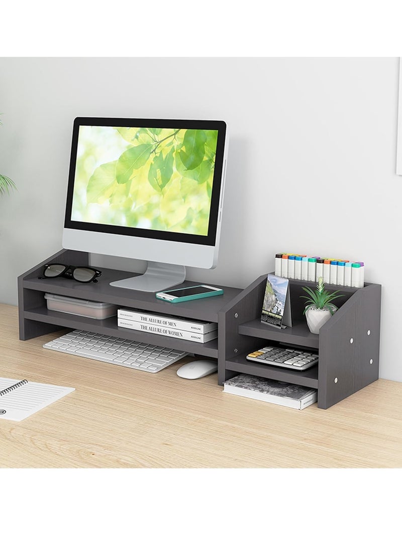 Monitor Stand, 2 Tier Wooden Monitor Stand with Storage Cabinet, Multi-Purpose Desktop Organiser for Computer, Laptop, Printer