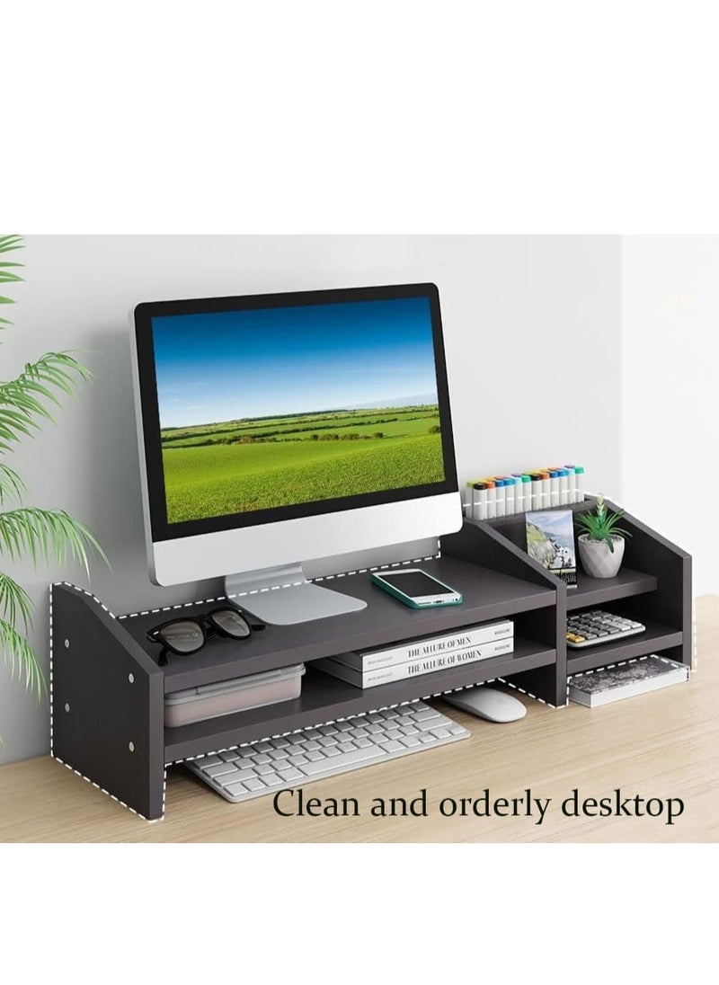 Monitor Stand, 2 Tier Wooden Monitor Stand with Storage Cabinet, Multi-Purpose Desktop Organiser for Computer, Laptop, Printer
