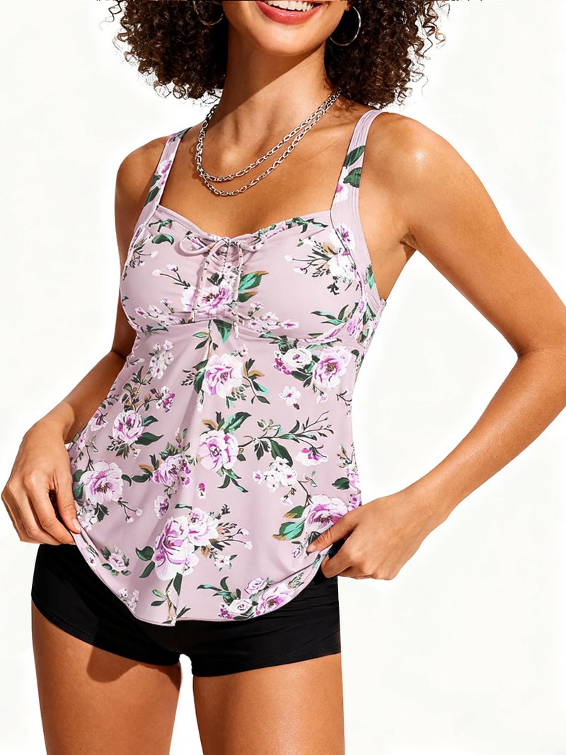 Septangle Women's Plus Size Tankini Swimsuits Tankini Top with Shorts Tanking Bathing Suit Two Piece Tummy Control Swimsuit, Pink & Flower, US 16 - Image 2