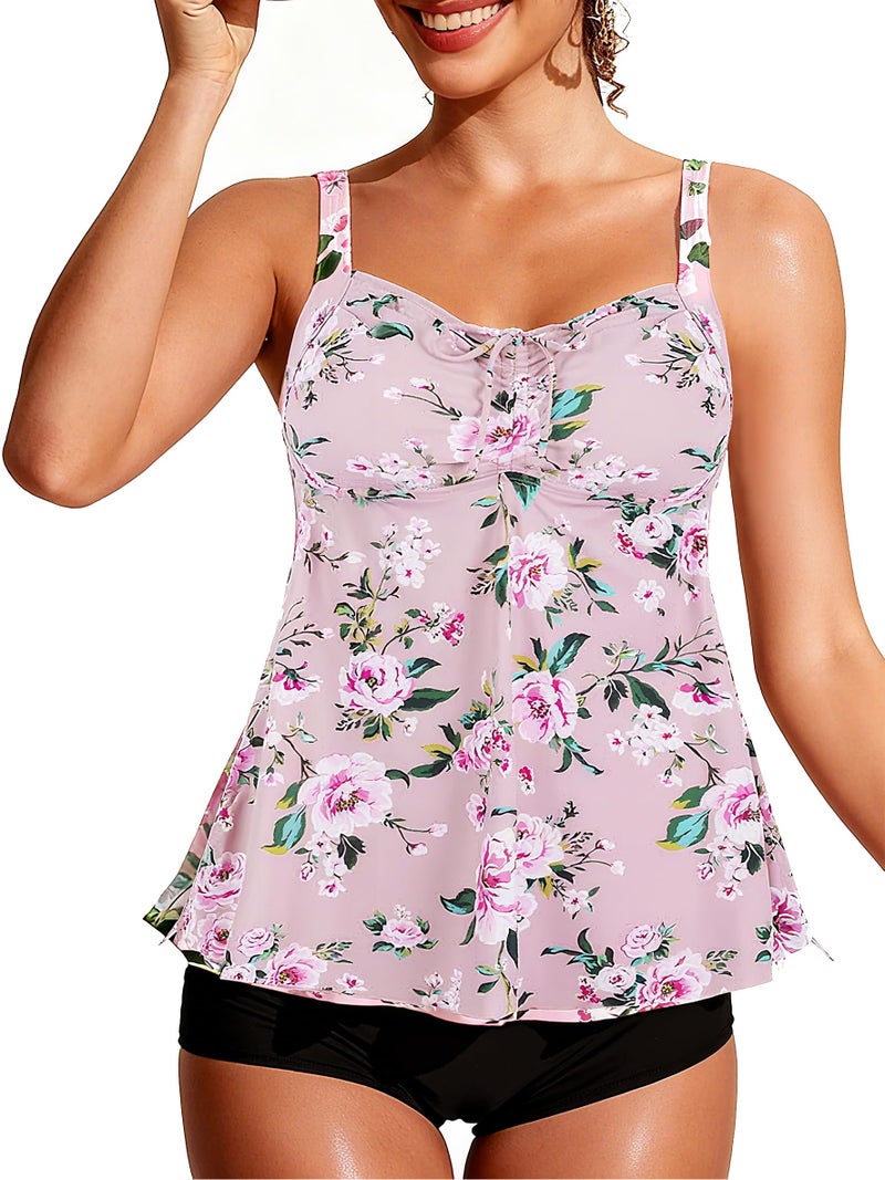 Septangle Women's Plus Size Tankini Swimsuits Tankini Top with Shorts Tanking Bathing Suit Two Piece Tummy Control Swimsuit, Pink & Flower, US 16 - Image 1
