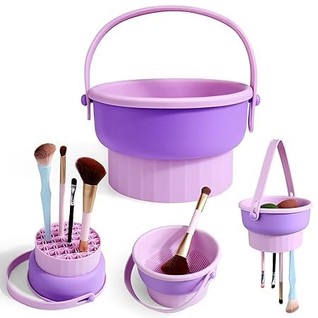 TAMADAA HR MALL 3in1 Makeup Brush Cleaning Bowl Foldable Makeup Brush Cleaner Bowl Portable Travel Beauty Brush Scrubber with Handle Reusable Makeup Brush Cleaner Mat and Dryer Tray - Image 1