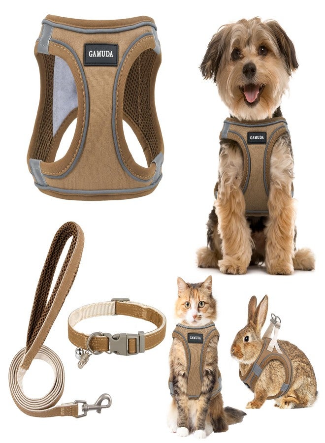 GAMUDA Small Pet Harness Collar and Leash Set, Step in No Chock No Pull Linen Fabric Soft Mesh Dog Vest Harnesses Reflective for Dogs Puppy Cats Kitten Rabbit (Brown, XS) - Image 1