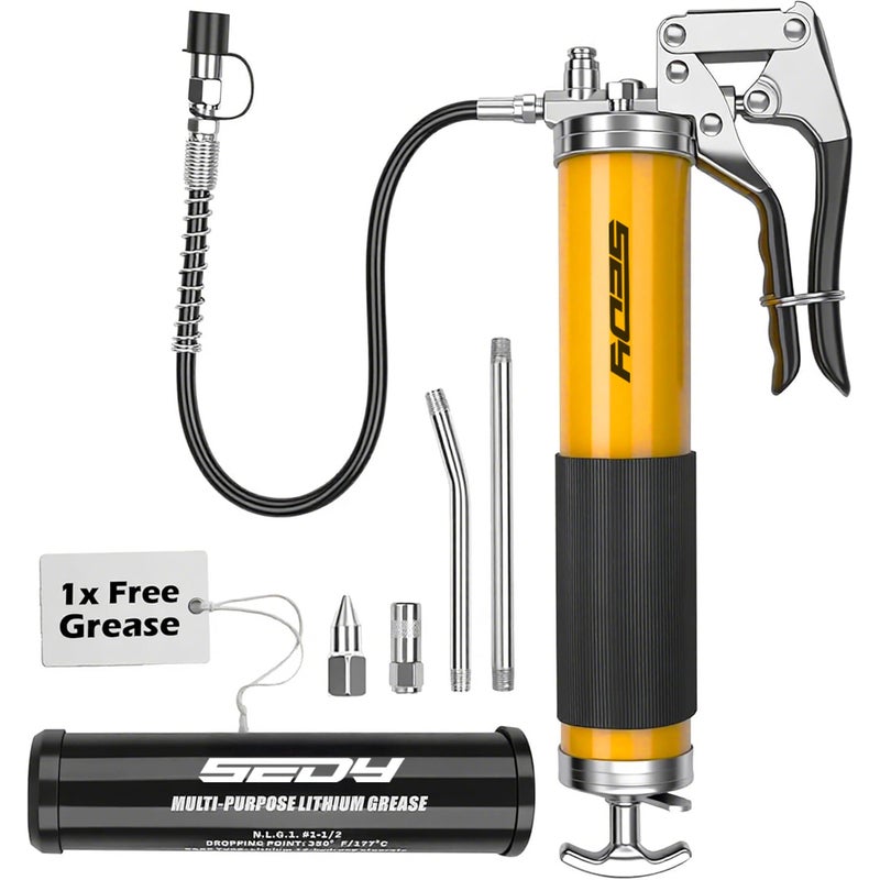 SEDY Heavy Duty Grease Gun Kit 14oz Free Grease Tube 8000 PSI Pistol High Pressure Flexible Hose Bearing Grease Pump Marine Durable Connectors Adapters Extension Tubes Nozzle Easy Operation
