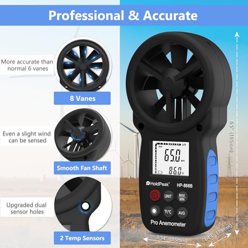 H HOLDPEAK [2 PCS] HoldPeak 866B Handheld Anemometer, Digital Wind Speed Gauge Meter, Air Flow Velocity Temperature CFM Measuring Device for HVAC Outdoor Sailing Shooting Golf - Image 2