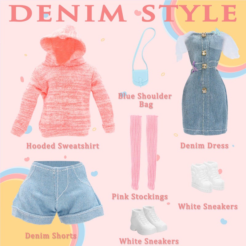 HONLAELLA 15 PCS Doll Clothes & Accessories Includes 5 Stylish Doll Outfit, Hooded Wear, Dress, Jacket, Casual Clothing with 5 Pairs of Shoes 5 Accessories for 11.5 Inch Girl Dolls Fashion Set - Image 4