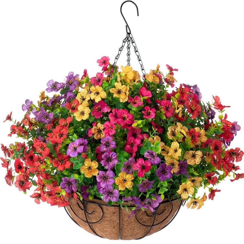 HyeFlora Artificial Faux Hanging Plants Flowers Basket for Summer Outdoor Outside Decoration, Fake Silk UV Sun Resistant Look Real Colorful Daisy Eucalyptus for Porch Home Patio Balcony Yard - Image 1