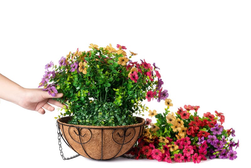 HyeFlora Artificial Faux Hanging Plants Flowers Basket for Summer Outdoor Outside Decoration, Fake Silk UV Sun Resistant Look Real Colorful Daisy Eucalyptus for Porch Home Patio Balcony Yard - Image 5