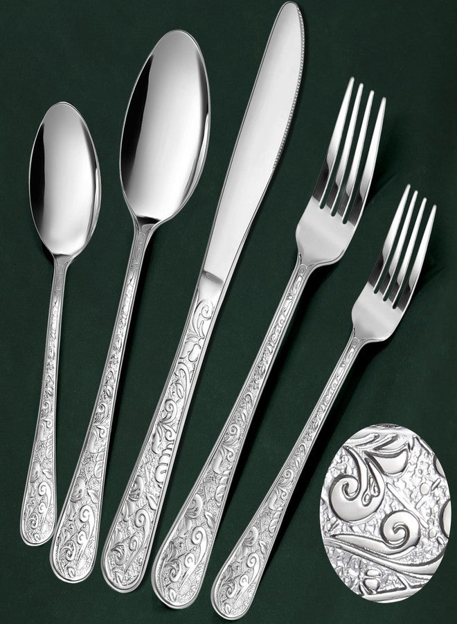 Meythway 40-Piece Vintage Carved Silverware Set for 8, Stainless Steel Flatware Set with Knife/Fork/Spoon, Cutlery Set for Home and Kitchen, Utensil Set with Dishwasher Safe - Image 1