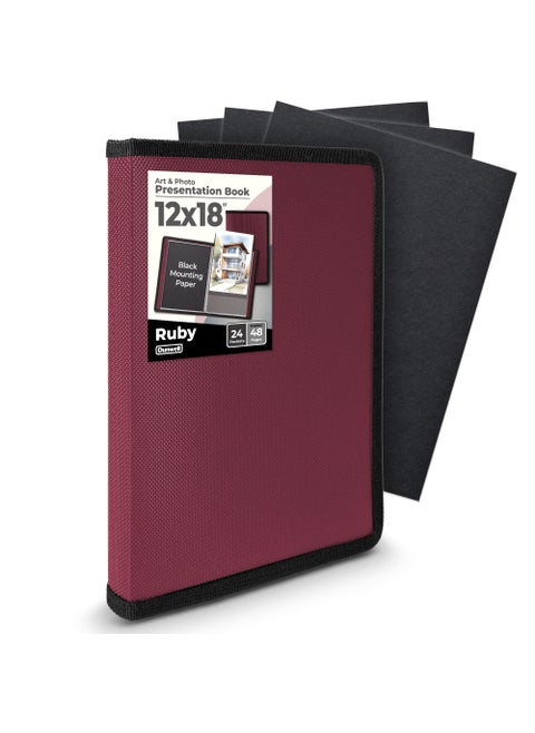 Dunwell 12x18 Art Portfolio Binder with Black Mounting Paper Ruby Large Portfolio Folder for Artwork Storage 24 Sleeves Display 48 Pages AcidFree Poly 12 x 18 Presentation Book