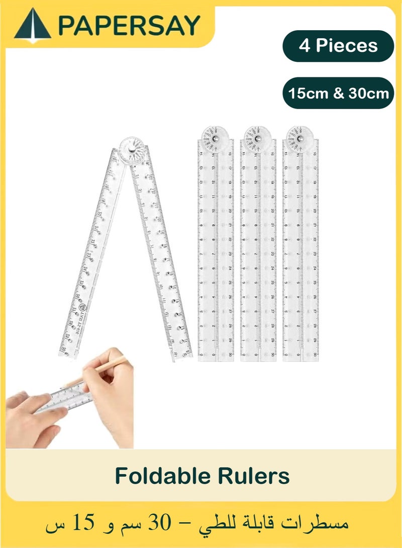 PAPERSAY 4 PCS Foldable Ruler, 30cm Foldable Ruler, 15cm Transparent Straight Ruler, Clear Geometric Measuring Tool, for School, Home, Lineman Carpenter Electrician Engineers or Office Use - Image 1